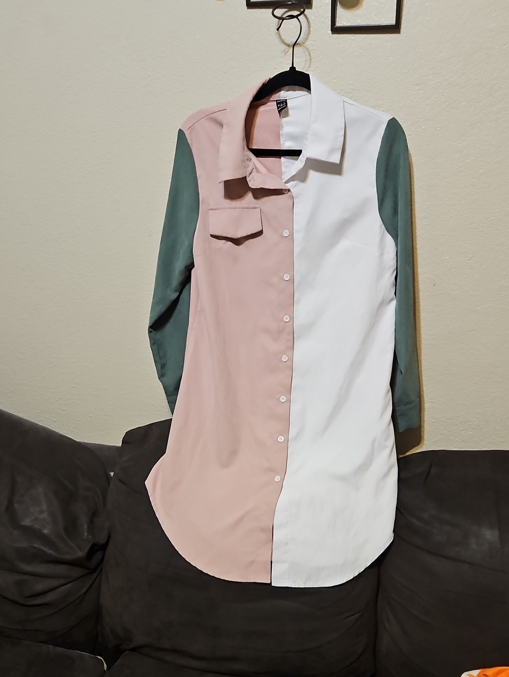 SHEIN Pink, White & Sage Green Colorblock Midi Shirt Dress
